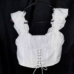 White lace up puff sleeve faux corset crop top